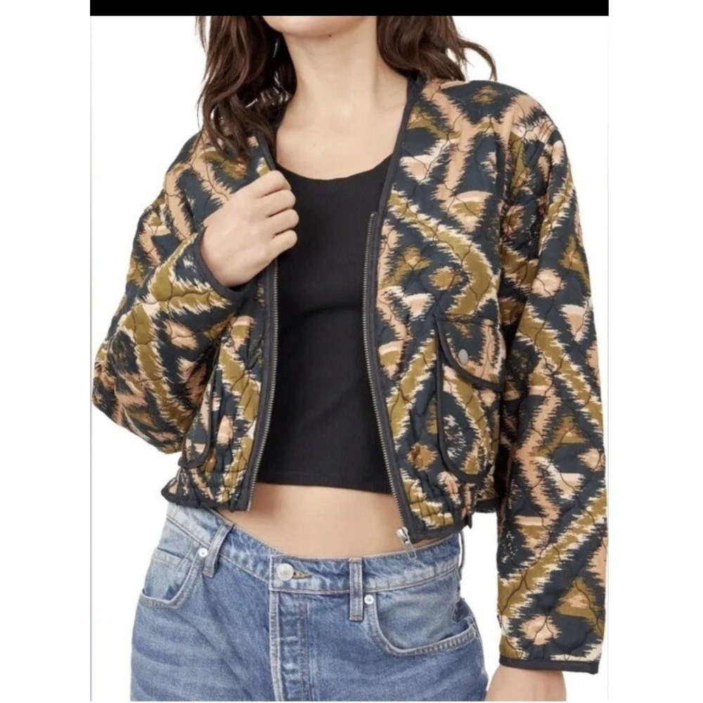 Free People Quilted Ikat Bomber Jacket Womens L Olive Tan Excellent Cropped Boho